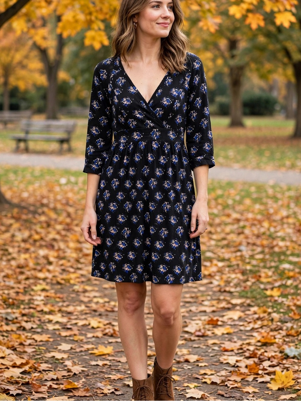 Volcom Dress Womens M Black Floral Faux Wrap Empire Waist 3/4 Sleeve Boho Casual